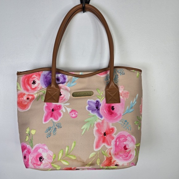 Tupperware Handbags - Tupperware Tote Bag Womens Large Tan Pink Floral Flower Print Shoulder Handbag